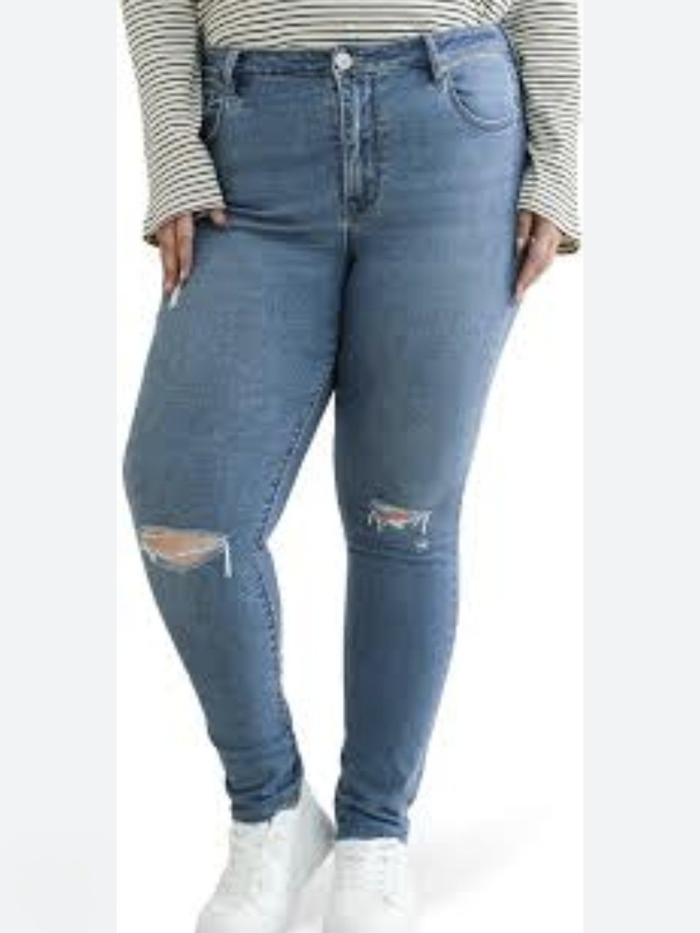 POTADY Women's Plus Size Distressed Jeans, featuring a mid-to-light wash and rip